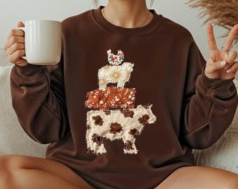 Faux Patchwork Farm Animals Stacked - Sweatshirt GD, Rustic Farmhouse Tee, Country Cottagecore Cow Chicken T-Shirt, Cute Farm Animal Shirt