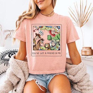 May include: A pale pink t-shirt with a framed graphic of animated characters. The graphic includes a horse, a dog, aliens, and a space ranger. The text "YOU'VE GOT A FRIEND IN ME" is below the graphic. The shirt has short sleeves.