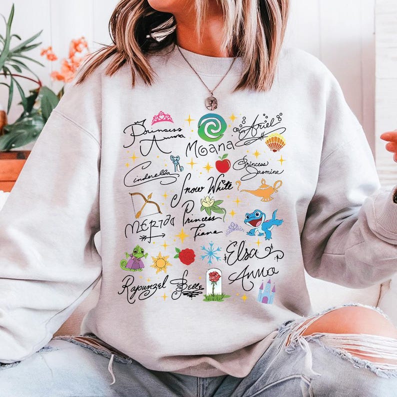Princess Signatures - Sweatshirt GD, Disney Princess Cinderella Elsa Ariel Belle Rapunzel, Disney Girls Trip, Disney Matching shirts image 2
