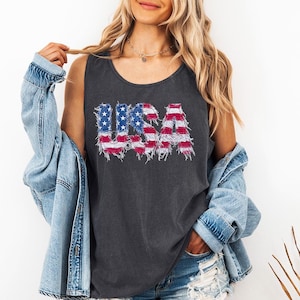 Faux Patchwork 250 USA Flag - Comfort Colors Tank, Retro American Flag Shirt, Cute USA Flag Shirt, 4th of July Shirt, Patriotic American
