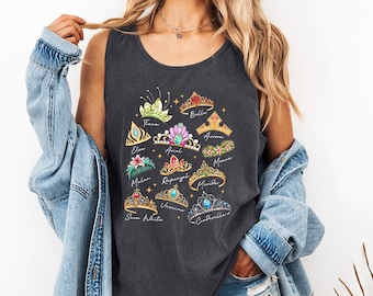 Princess Crowns (White) - Comfort Colors Tank, Disney Princess shirt, Cinderella Elsa Ariel Belle, Disney Girls Trip, Disney Matching shirts