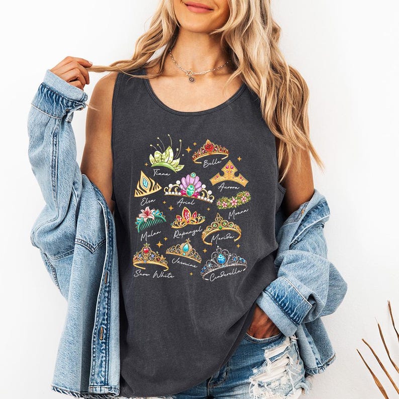 Princess Crowns (wit) - tanktop met comfortabele kleuren, shirt Disney Princess, Assepoester Elsa Ariel Belle, Disney Girls Trip, bijpassende Disney-shirts afbeelding 1