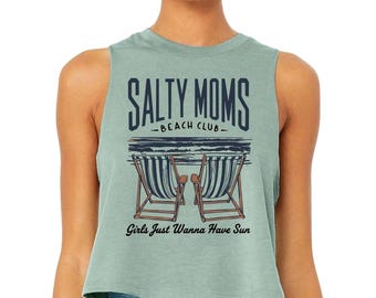 Salty M0MS Beach Club - Crop Racerback Tank, Summer Vacation Tee, Aesthetic Beach Shirt, Girls Trip Tee, Beach Lover Gift, Beach Party Tee