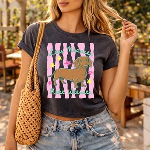 May include: A charcoal grey short-sleeve t-shirt featuring a graphic of a brown dachshund dog centred over vertical pink wavy stripes. The design includes yellow and pink stars and the text "Less Meanies More Weenies" in teal script.