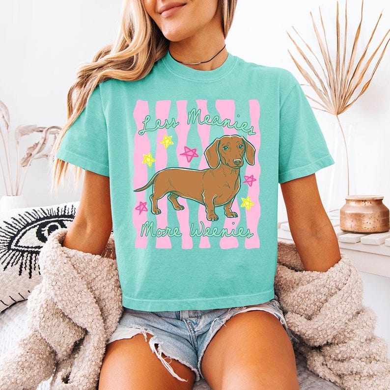 May include: A turquoise t-shirt featuring a brown dachshund illustration centred between pink vertical stripes and colourful stars. The text "Less Meanies More Weenies" is printed in a green cursive font above and below the dog graphic.