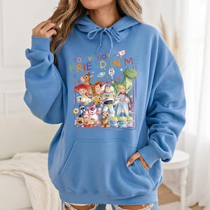 May include: A light blue hoodie featuring a colorful graphic of characters from a popular animated movie. The graphic includes the text "YOU'VE GOT A FRIEND IN ME". The hoodie has a drawstring hood and a front pocket.