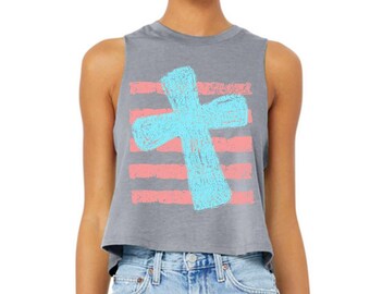 Zomer kruis gestreept (roze) - crop racerback tanktop, Jesus Loves Summer, kleurrijk zomer-T-shirt, christelijk zomert-shirt, gestreept zomer-T-shirt