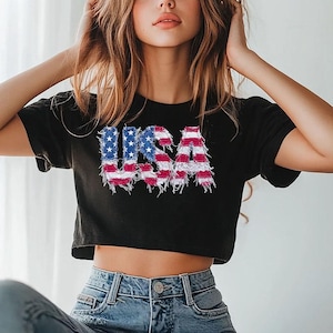 Faux Patchwork 250 USA Flag - Crop Flowy Tee, Retro American Flag Shirt, Cute USA Flag Shirt, 4th of July Shirt, Patriotic American Shirt