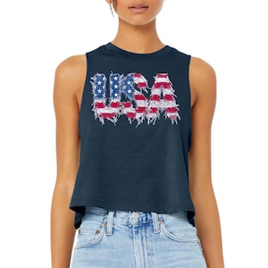 Faux Patchwork 250 USA Flag - Crop Racerback Tank, Retro American Flag Shirt, Cute USA Flag Shirt, 4th of July Shirt, Patriotic American