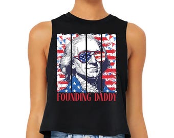 Camiseta regata cropped "Founding Daddy", camiseta retrô com a bandeira americana, camiseta fofa com a bandeira dos EUA, camiseta para o 4 de julho, camiseta patriótica americana.