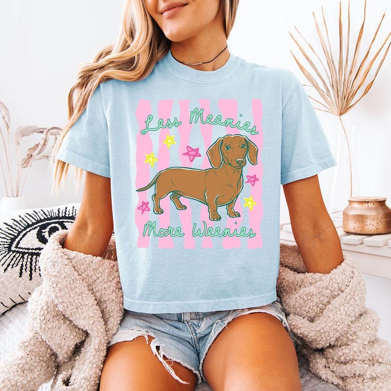 May include: A light blue t-shirt featuring a brown dachshund illustration centred on the chest. The graphic includes pink vertical stripes, colourful hand-drawn stars, and the green text "Less Meanies More Weenies" written in a cursive font.