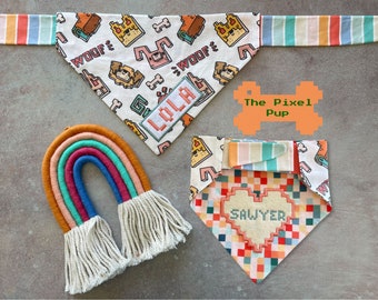 The Pixel Pup •  Tie On Dog Bandana • Personalized & Reversible
