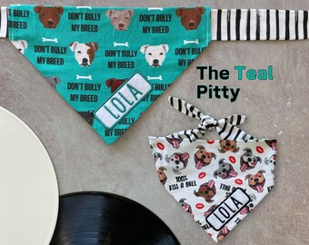 The Teal Pitty •  Tie On Dog Bandana • Personalized & Reversible