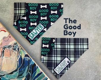 The Good Boy • Over The Collar Dog Bandana • Personalized & Reversible