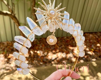 Amaterasu | Sun Goddess Crystal Crown, Aura Clear Quartz Crystals with a Sun Pearl Decor, Sun and Pearl Charms, Festival, Wedding, Bridal