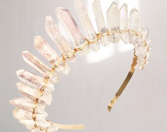 Gold Natural Quartz Crystal Rock Fairy Crown Tiara Hair Comb Wedding Cosplay Gold Natural Quartz Crystal Rock Fairy Crown Tiara Hair Comb Wedding Cosplay