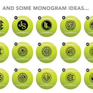 May include: A set of 15 tennis balls with different monogram designs. The balls are yellow and the monograms are black. The monograms include initials, names, and decorative patterns.