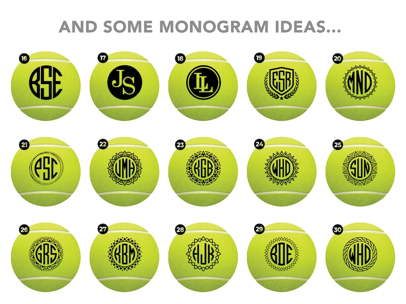 May include: A set of 15 tennis balls with different monogram designs. The balls are yellow and the monograms are black. The monograms include initials, names, and decorative patterns.