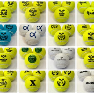 Custom tennis balls in white, neon yellow, and blue with printed designs including business logos, initials, and stylized text. A clean professional look ideal for promotional gifts or branded events.