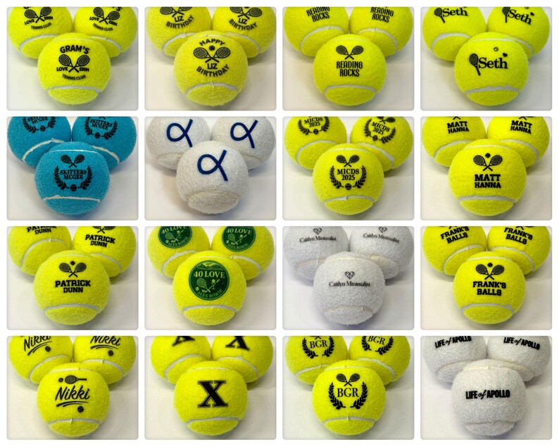 Custom tennis balls in white, neon yellow, and blue with printed designs including business logos, initials, and stylized text. A clean professional look ideal for promotional gifts or branded events.