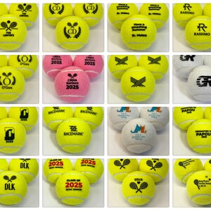 Branded tennis balls in assorted colors printed with sharp black graphics, including monograms, sports icons, and logos. Designed for company promos, tournaments, or athletic branding.
