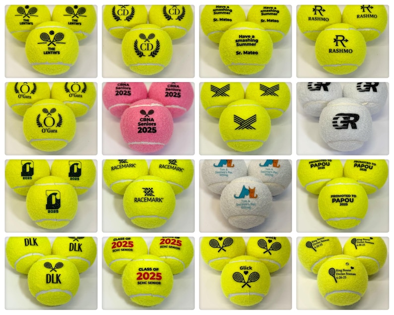Branded tennis balls in assorted colors printed with sharp black graphics, including monograms, sports icons, and logos. Designed for company promos, tournaments, or athletic branding.