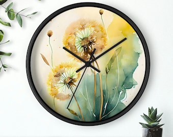 May include: A black framed wall clock with a watercolor design of dandelion flowers and green leaves. The clock face is white with black hands.