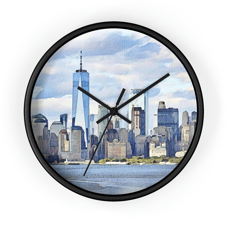 Round Wall Clock New York City Skyline Watercolor Design Modern