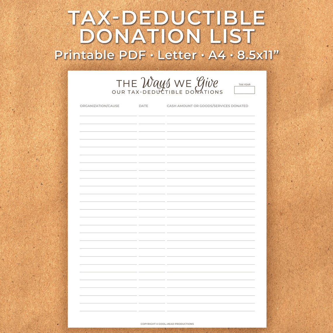 Donation List for Taxes Charitable Donations Tracker Tax Deductions Tax