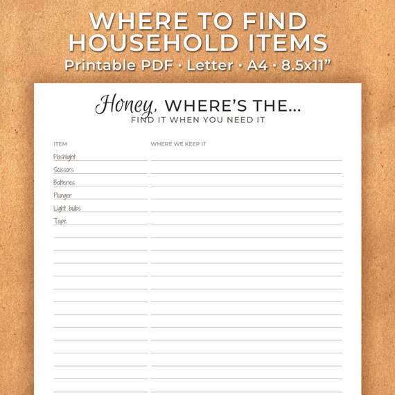 Household Item Organizer Find Stuff in Your Home Closet & Drawer Contents  Form Printable PDF 