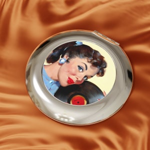 Pin-up Girl Compact Mirror - Vintage Woman with Record Silver Travel Mirror