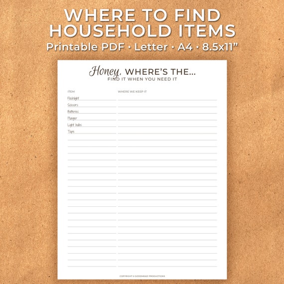 Household Item Organizer Find Stuff in Your Home Closet & Drawer Contents  Form Printable PDF 