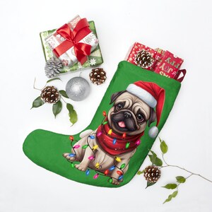 May include: Green Christmas stocking with a cute pug wearing a Santa hat and surrounded by colorful Christmas lights.