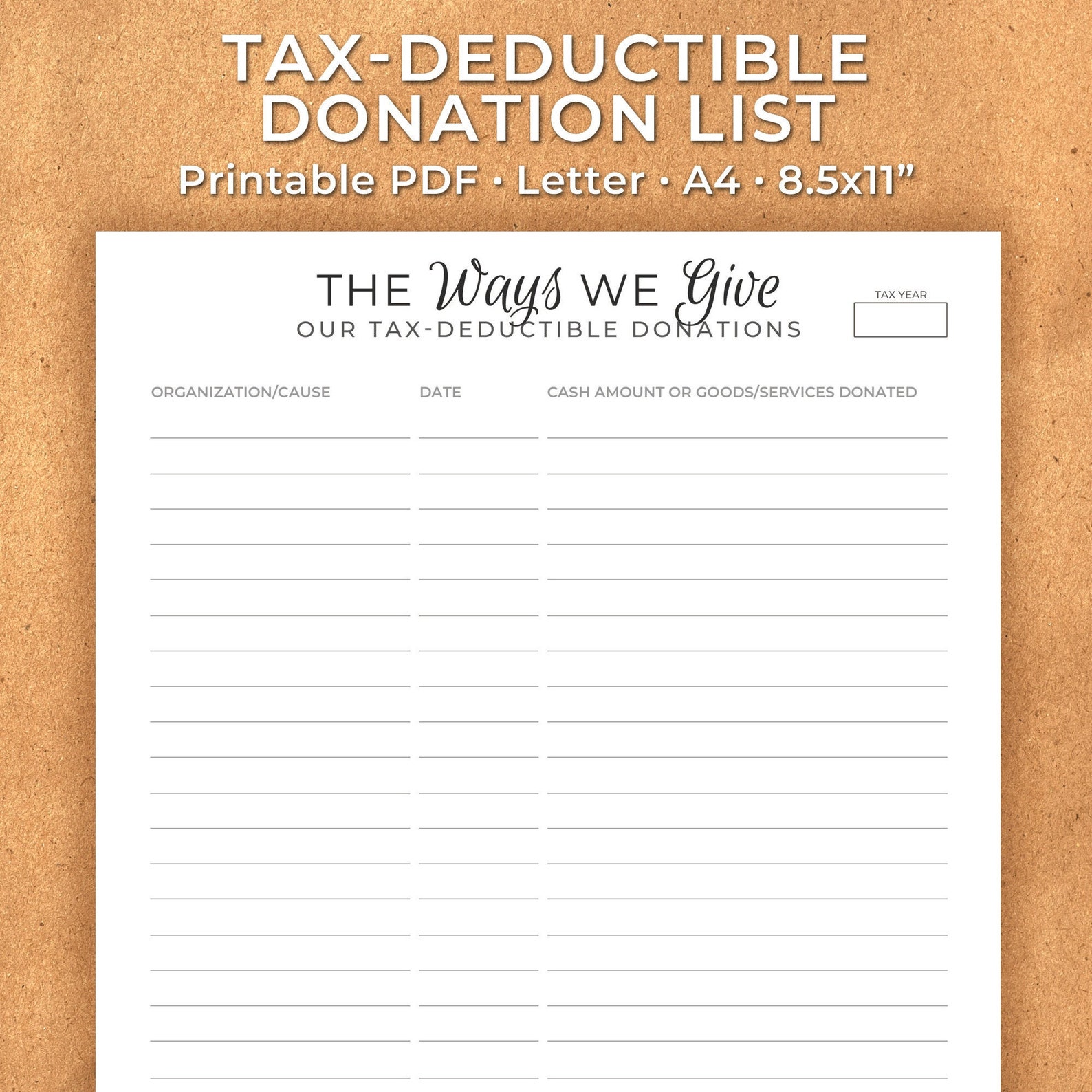 Donation List for Taxes Charitable Donations Tracker Tax Deductions Tax