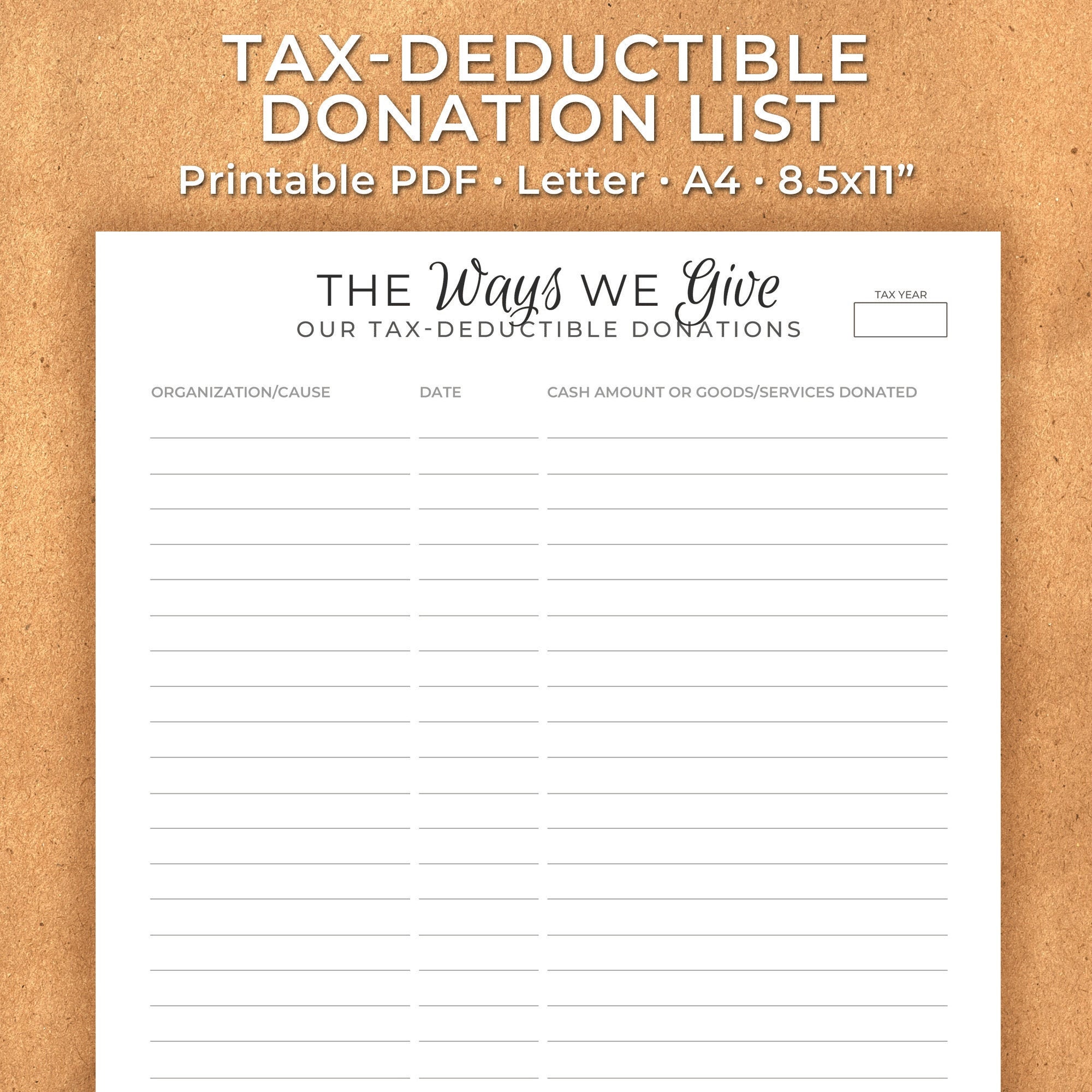 Donation List for Taxes Charitable Donations Tracker Tax Deductions Tax
