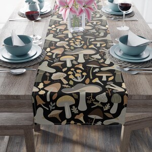 Table Runner Mushrooms Print - Dark Cotton or Polyester Runner - Multiple Sizes - Whimsical, Retro Mushroom