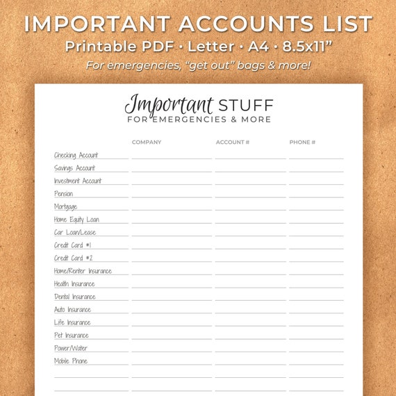 Accounts List for Emergencies Evacuation Account List Get Out Bag List Bug  Out Bag List Emergency Prep Printable PDF 