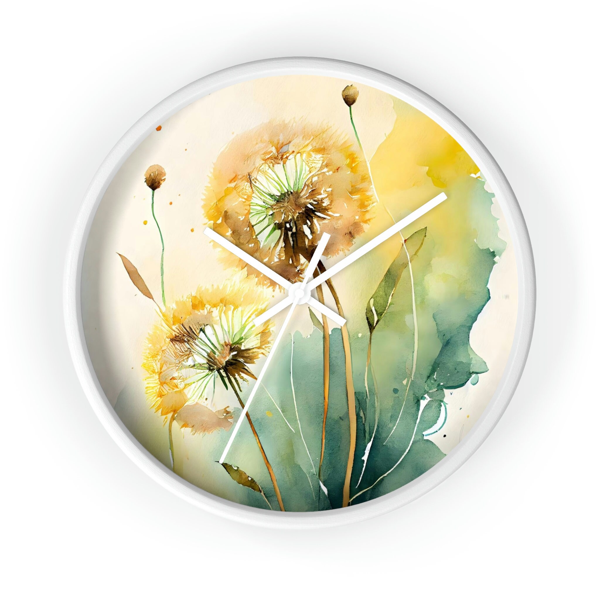 Round Wall Clock Watercolor Dandelions Design Modern, Contemporary 10