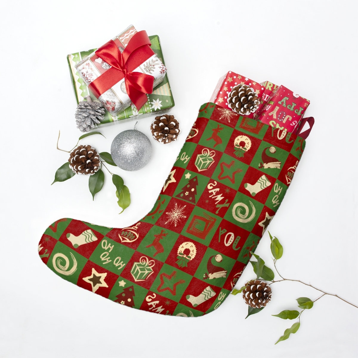 Checkerboard Christmas Stocking - Red & Green Print Stocking
