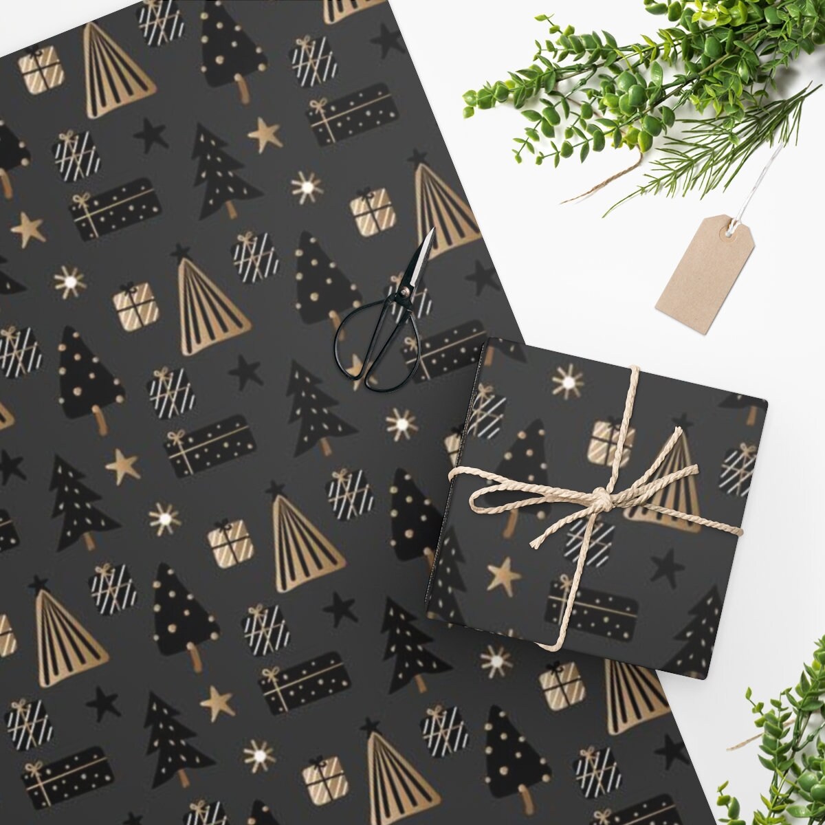Midnight Black Christmas Tree Wrapping Paper, Aesthetic Wrapping