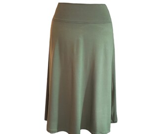 Skirt, exhibited olive green for women, knee-length, jersey