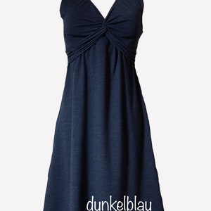 Women's dresses, women's jersey dress, knee-length dress on display, midi dress, V-neck dress without sleeve dunkelblau