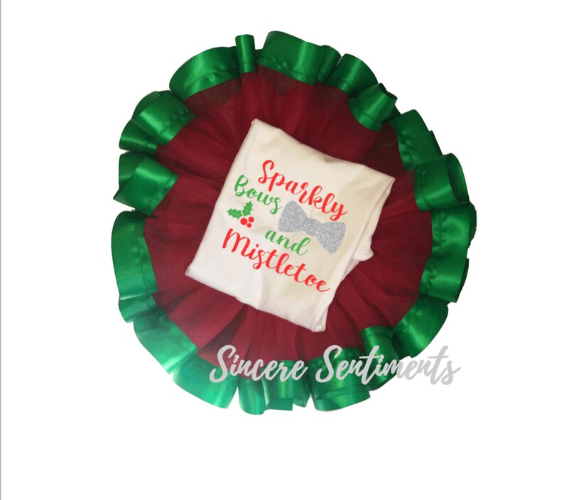 Christmas Tutu Costume Red and Green Tutu Holiday Outfit Fancy Baby Sparkly Bows and Mistletoe Ribbon Tutu Set First Holiday