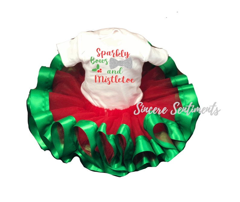 Christmas Tutu Costume Red and Green Tutu Holiday Outfit Fancy Baby Sparkly Bows and Mistletoe Ribbon Tutu Set First Holiday