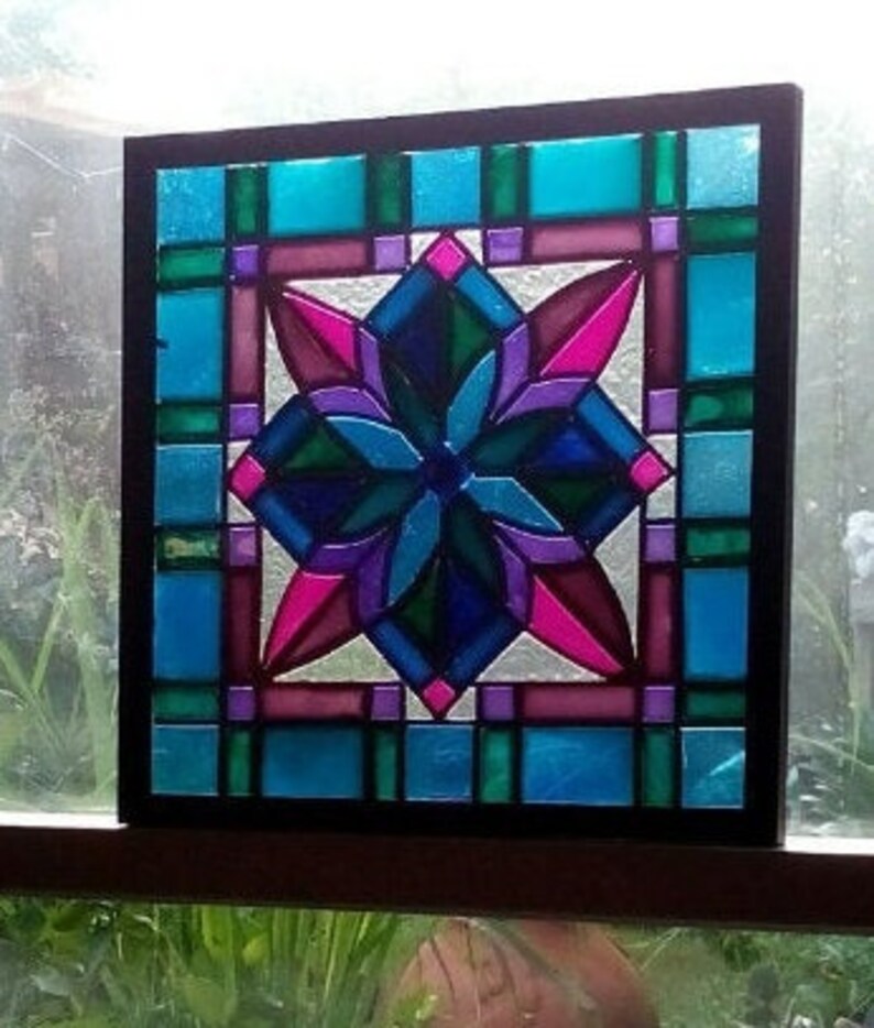 Square 12x12handpaintedframedfauxstained Glass Window Etsy