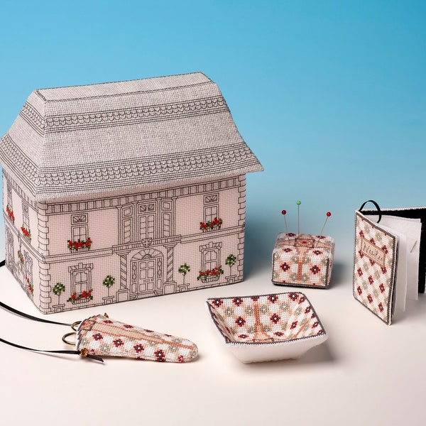 3D Cross Stitch Victorian Mansion Town House Sewing Box and Sewing Accessories