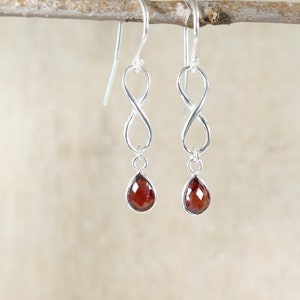 Natural red Garnet drop Dangle Earrings infinity Sterling silver, natural Gemstone Gift for Her Women, Infinity hook jewelry Wedding Gift