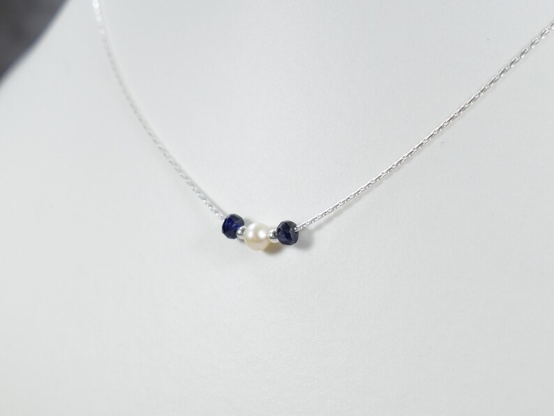 Natural blue Sapphire and round cultured pearl Necklace sterling silver 925 18K gold plated Silver dainty pendant jewelry Certificate
