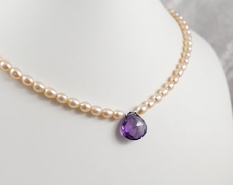 Natural top quality Amethyst pendant with cultured freshwater pearls sterling Silver necklace Choker Gifts jewelry wedding Women Bridesmaid
