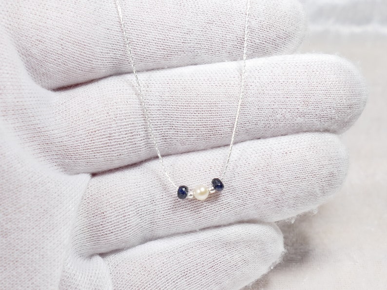 Natural blue Sapphire and round cultured pearl Necklace sterling silver 925 18K gold plated Silver dainty pendant jewelry Certificate
